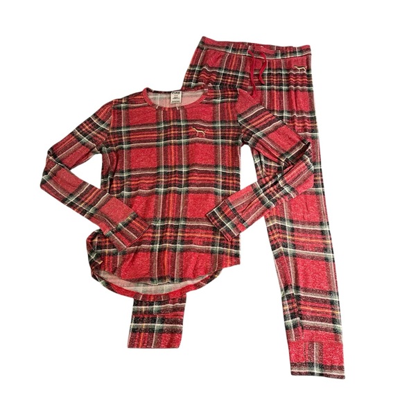 PINK Victorias Secret M Red Plaid Long John Pajama Set R $79 - Picture 2 of 12
